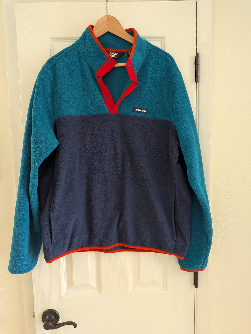 Lands End Mens Teal/Navy Snap Closure Fleece Pullover Size L 42-44